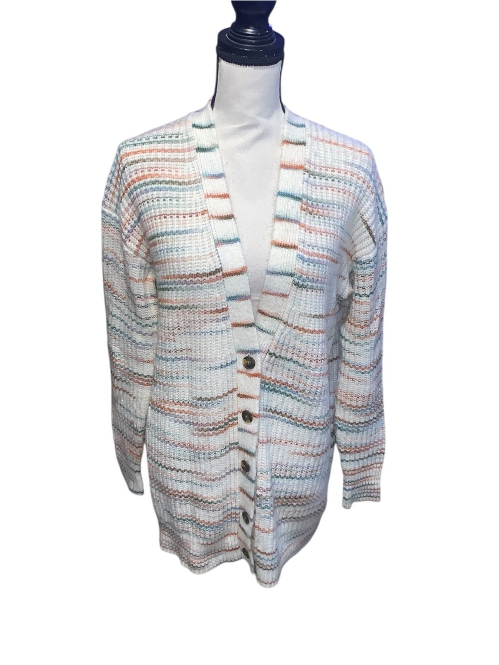 Caslon Chunky Knit Striped Button-Front Cardigan Sweater Cream Multicolor